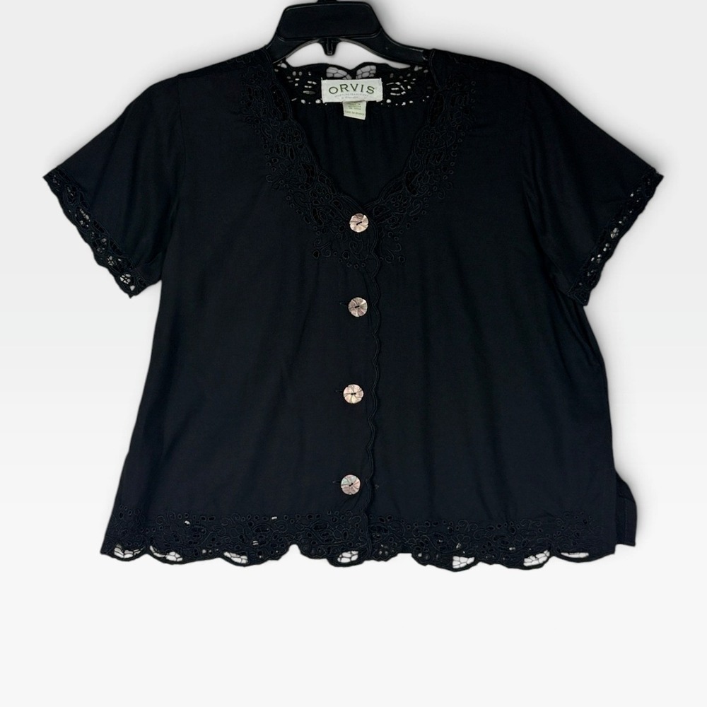 Orvis Blouse Eyelet Lace Button Front Womens S Black Rayon Boho Top Excellent
